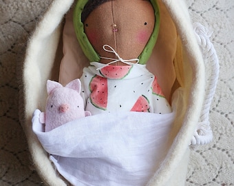 baby doll, baby in a crib cloth doll, doll kit with accessories,pyjama,swaddle blanket,tiny plush, wool basket, watermelon print