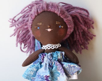 heirloom cloth doll, black doll, Violine, rag doll, purple dress