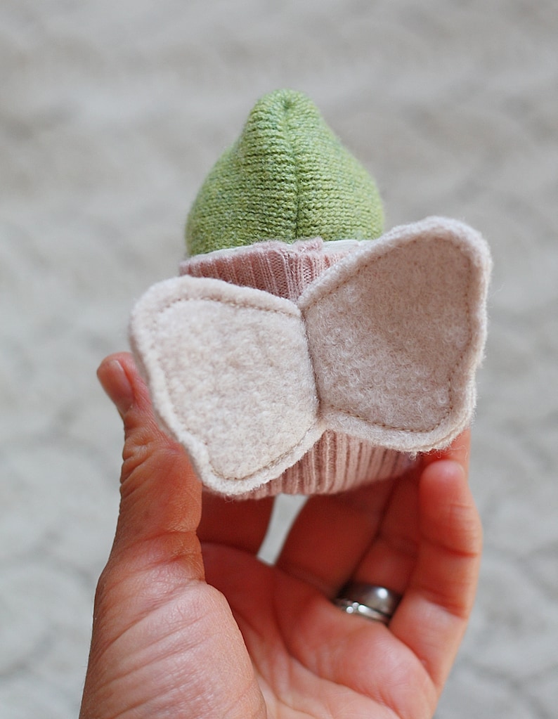 mini baby doll, spring tiny doll,miniature doll, butterfly cocoon doll, eco toys, simple toys, reclaimed wool plush, pink, floral,green image 3