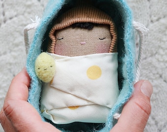 mini baby doll, tiny swaddled baby cloth doll, miniature doll, floral, felt fruit