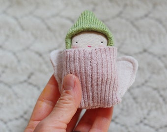 mini baby doll, spring tiny doll,miniature doll, butterfly cocoon doll, eco toys, simple toys, reclaimed wool plush, pink, floral,green