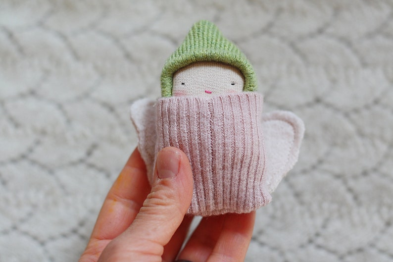 mini baby doll, spring tiny doll,miniature doll, butterfly cocoon doll, eco toys, simple toys, reclaimed wool plush, pink, floral,green image 1