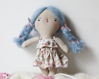 heirloom cloth doll, ooak doll,rag doll,  blue hair doll, vintage floral skirt and top