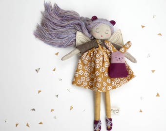 cloth doll, custom rag doll,poupée de chiffon, with purse and animal friend,wool hair,vintage fabrics,linen,leather,eco-friendly doll