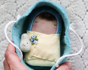 mini baby doll, tiny swaddled baby cloth doll, miniature doll, floral, felt fruit