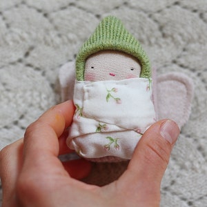 mini baby doll, spring tiny doll,miniature doll, butterfly cocoon doll, eco toys, simple toys, reclaimed wool plush, pink, floral,green image 2