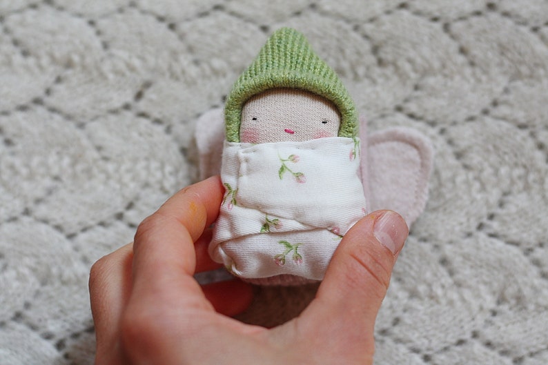 mini baby doll, spring tiny doll,miniature doll, butterfly cocoon doll, eco toys, simple toys, reclaimed wool plush, pink, floral,green image 2