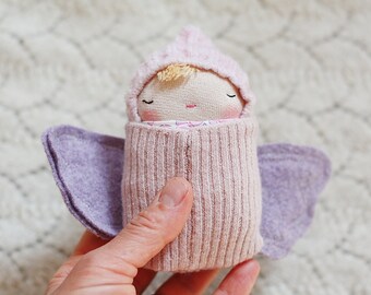 mini baby doll, spring tiny doll,miniature doll, butterfly cocoon doll, eco toys, simple toys, reclaimed wool plush, pink, floral,lavender