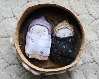 holiday tiny baby dolls,  twin doll, brother sister baby doll,swaddled babies, in a vintage basket with wool hearts, gold , grey, lavender