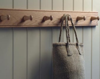 Solid Oak Shaker Peg Rail, Handmade Wooden Coat Rack, Minimalist Wall Hooks