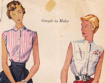 Simplicity 3092  Vintage 1950s Sewing Pattern  Blouse Shirt Top  Size 14 Bust 32