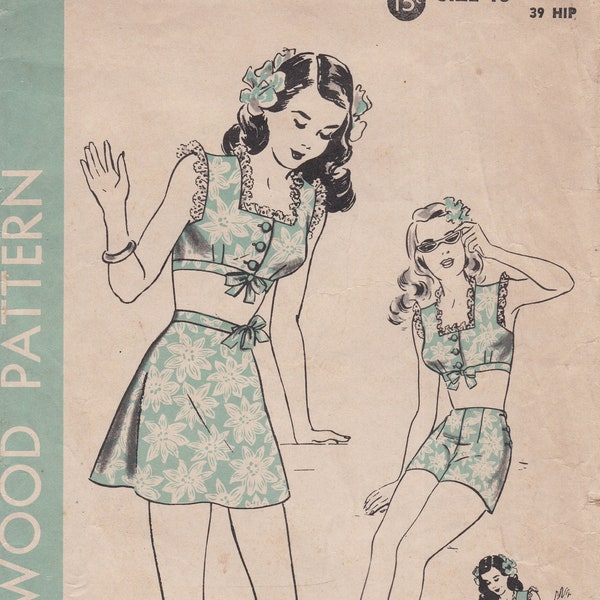Hollywood 1354  Original Vintage 1940s Sewing Pattern  Bra Top Shorts Beach Skirt  Size 18 Bust 36