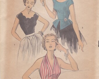 Advance 6085  Vintage 1950s Sewing Pattern  Halter Top Blouse Shirt Peplum  Size 16 Bust 34