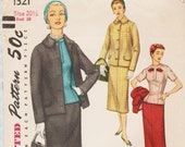 Simplicity 1321 Vintage 1950s Sewing Pattern Skirt Blouse Jacket Suit Bust 39