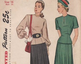 Simplicity 1721  Vintage 1940s Sewing Pattern  Skirt And Shirt Blouse Top  Size 16 Bust 34