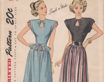 Simplicity 1738  Vintage 1940s Sewing Pattern  Dress With Peplum  Size 15 Bust 33