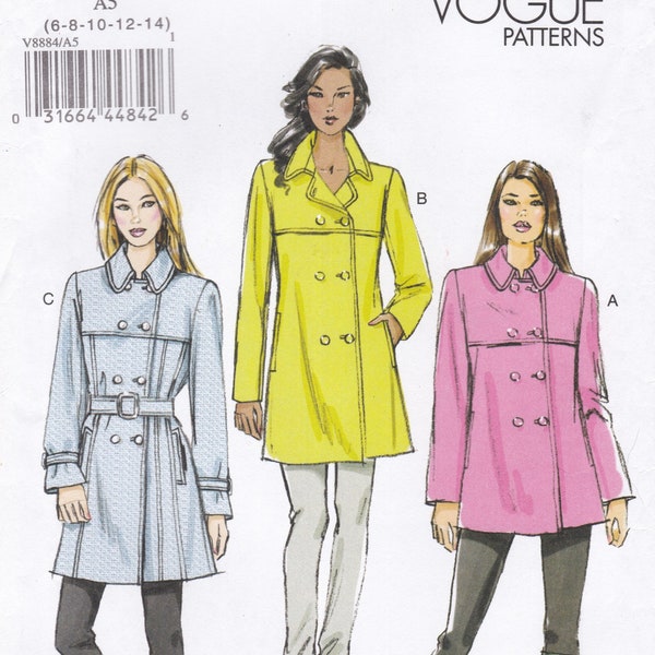 Vogue 8884 Sewing Pattern Coat Jacket Outerwear  Sizes 6 8 10 12 14  Unused