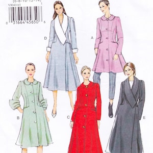 May include: A sewing pattern for five different coat styles. The coats are in various colors, including red, green, blue, pink, and black. The pattern is for sizes 6-8-10-12-14. The pattern number is V9040/A5.