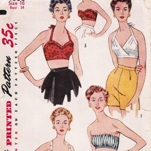 May include: A vintage sewing pattern envelope featuring illustrations of four different halter and bandeau tops paired with skirts or shorts. The text includes "Size 16", "Bust 34", and "35c". The designs show various patterns including red polka dots and stripes.