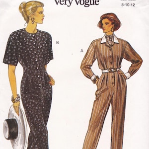 May include: A vintage fashion illustration from Very Vogue featuring two women's outfits. One is a black button-down dress with a small white pattern. The other is a brown and white striped jumpsuit with a white belt and collar.