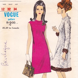 May include: Vintage Vogue pattern featuring two women in stylish dresses. One woman wears a sleeveless magenta dress, and the other a white patterned coat with fur trim. The pattern size is 12, bust 32, and hip 34.