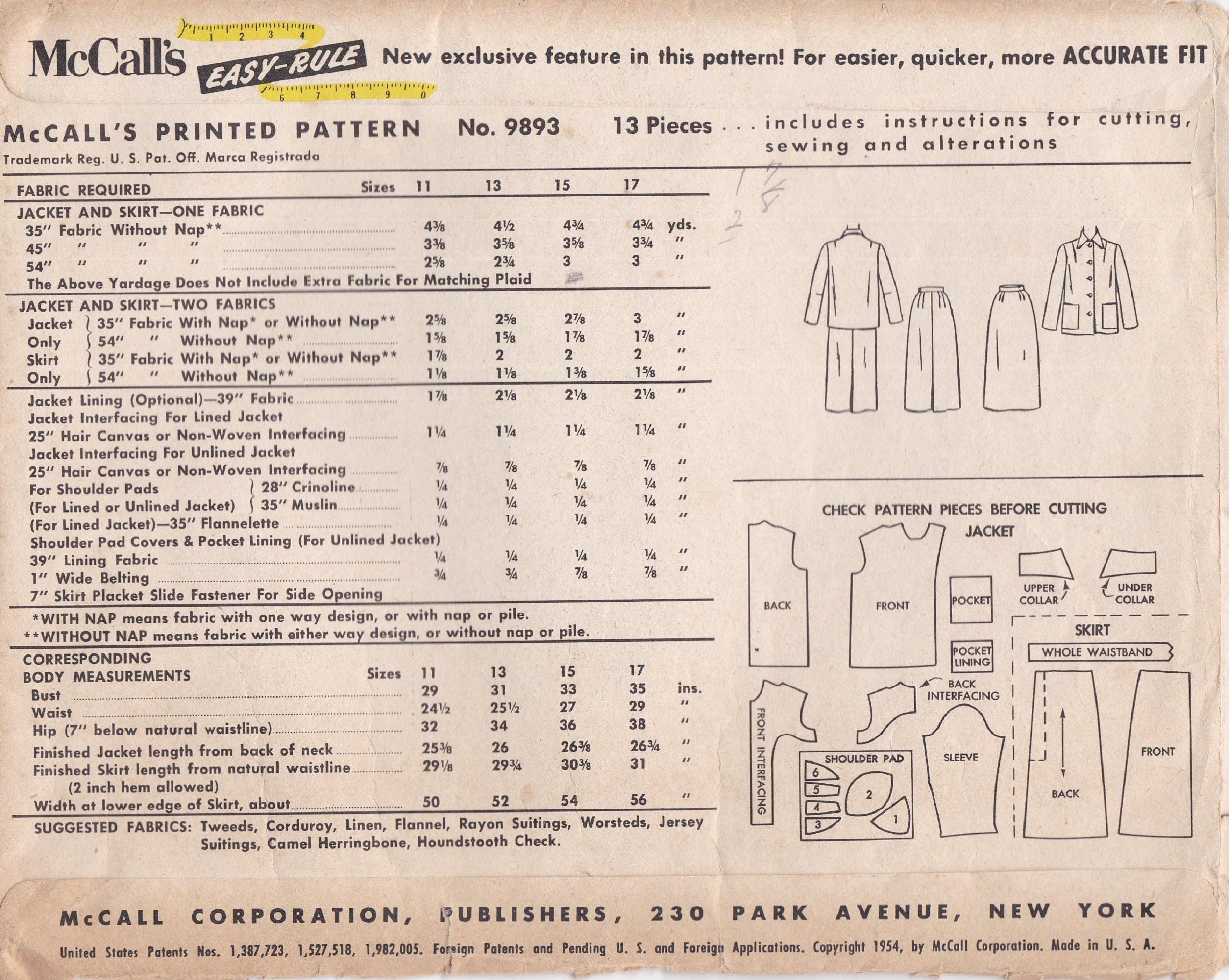 Mccalls 9893 Vintage 1950s Sewing Pattern Skirt Jacket Suit Size 15 ...