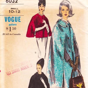 Vogue 6032  Vintage 1960s Sewing Pattern  Cape Cloak Wrap Coat Capelet  Size Small Bust 31 To 32