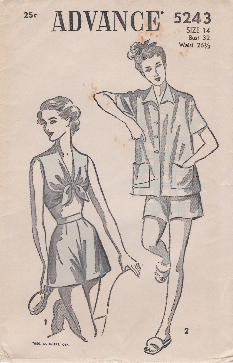 Advance 5243 Vintage 1940s Sewing Pattern Pajamas Shorts Bra Top Playsuit Lingerie Size 14 image 1