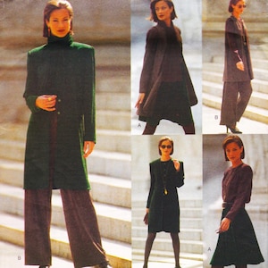 May include: A fashion spread featuring various women's outfits. The outfits include long coats, dresses, and pantsuits in shades of green and brown. The models are standing on a set of stairs, showcasing the clothing.