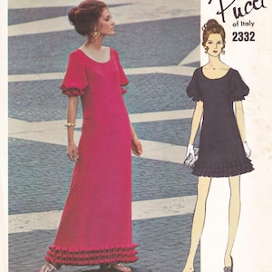 May include: A vintage fashion illustration showing a woman in a long, bright pink dress with ruffled sleeves and hem. The dress has a scoop neckline. Beside her is a drawing of a black mini dress with puff sleeves and a ruffled hem. The text "Pucci of Italy 2332" is visible.