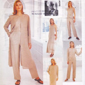 May include: A fashion magazine page featuring a woman modeling several beige outfits. The outfits include a long coat, pants, a sleeveless top, a long dress, a skirt suit, and a matching top and pants set. The text "FABRIC AND DISTRIBUTED" and "NO REFUND - NO RETURN" is visible.