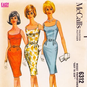 May include: Vintage McCall's sewing pattern for a dress, pattern number 6312. The pattern is for misses' proportioned sizes and is labeled "Easy to Sew". The image shows three women wearing different versions of the dress, one in orange, one in a floral print, and one in blue.