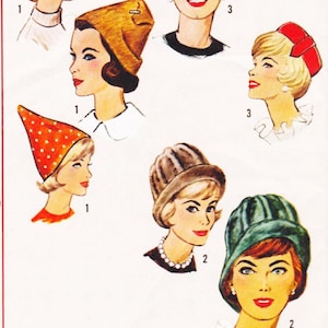 May include: Illustration of women's hats from the mid-20th century. The hats include a gold turban, a red and white polka-dot cone hat, a brown cloche hat, a red headband, and a green bucket hat. The women are drawn with blonde hair and red lipstick.