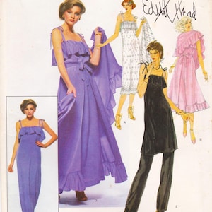 May include: Vintage fashion illustration featuring several women's dresses and outfits. The main image shows a woman in a long, purple dress with a ruffled bodice and matching wrap. Other outfits include a white floral dress, a black top with pants, and a pink dress.