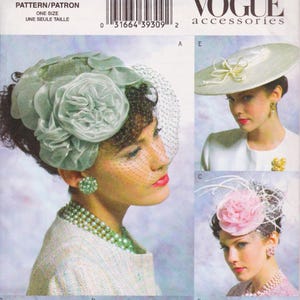 May include: Vogue Accessories pattern featuring three different hat designs. The hats include a green floral hat with a veil, a wide-brimmed white hat with a bow, and a pink floral fascinator. The pattern is one size.