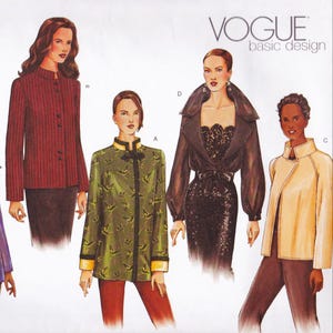 May include: A Vogue pattern image featuring illustrations of women's jackets and coats. The designs include a red pinstriped jacket, a green patterned jacket with black trim, a black coat with a lace bodice, and a cream-colored jacket. The Vogue logo is at the top.