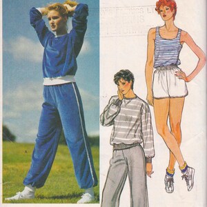 May include: An image of a vintage sewing pattern featuring illustrations of athletic wear. The designs include a blue velour tracksuit with white trim, a striped tank top with white shorts, and a gray striped sweatshirt with matching pants.