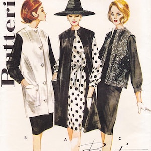 May include: A vintage sewing pattern featuring three women's dress and jacket designs. The pattern is for a sleeveless jacket with a collar and pockets, a dress with a polka dot pattern, and a dress with a floral pattern. The pattern is from Butterick.