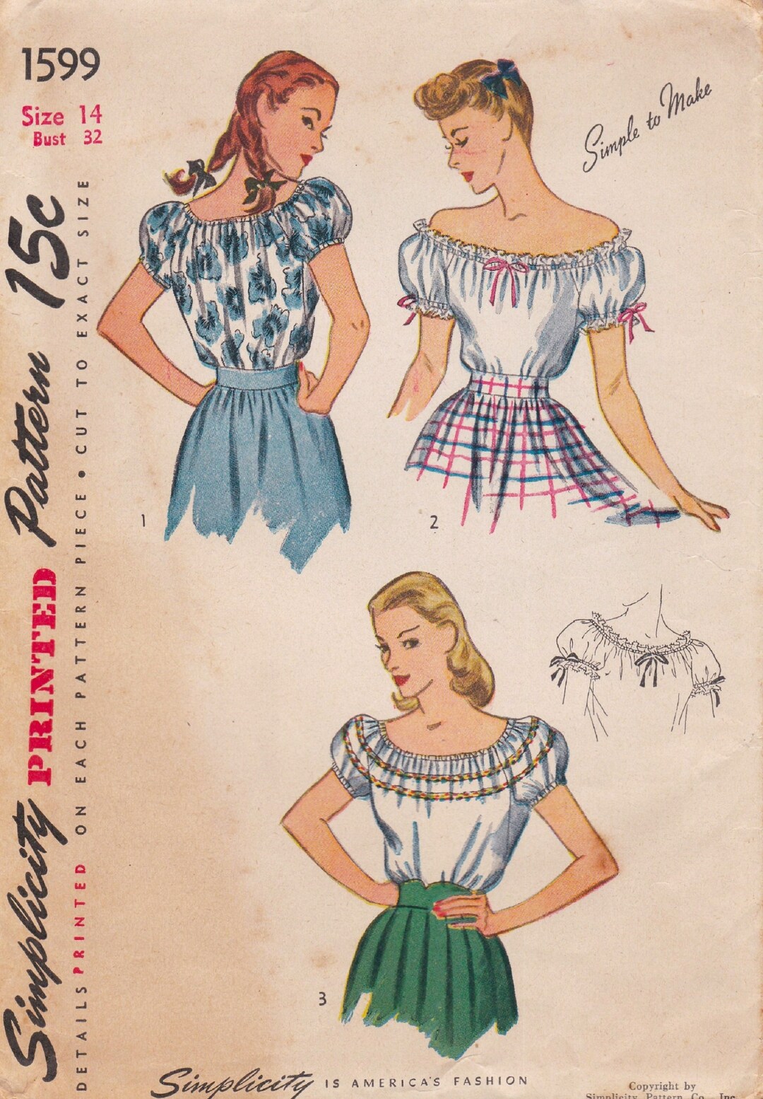 Simplicity 1599 Vintage 1940s Sewing Pattern off Shoulder Blouse Size ...