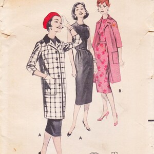 May include: A vintage fashion illustration depicting three women in dresses and coats. One wears a black and white checked coat, another a dark dress, and the third a pink floral dress with a matching coat. The image has a retro style.