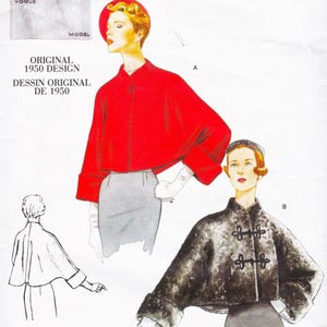 May include: Vintage Vogue pattern with a 1950 design. The illustration displays a red cropped jacket with long sleeves and a matching hat, worn with a grey skirt. A second black jacket is also shown.