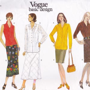 May include: A sewing pattern for four different outfits, including a sleeveless blouse with a skirt, a long-sleeved blouse with a skirt, a long-sleeved blouse with a skirt, and a long-sleeved blouse with a skirt. The pattern is from Vogue Basic Design.