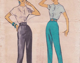 Advance 7928, Vintage 1950s Sewing Pattern, Pants & Blouse, Size 17, Bust 35