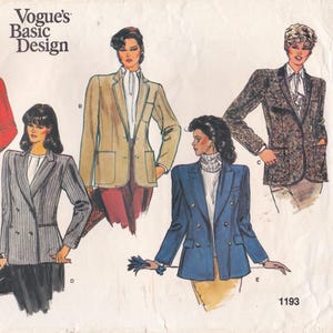 以下が含まれることがあります： Vogue's Basic Designのパターンで、ブレザーのイラストが描かれています。ブレザーは、ベージュのブレザー、ピンストライプのブレザー、ツイードのブレザー、青色のダブルブレストのブレザーなど、さまざまなスタイルがあります。パターン番号は1193です。
