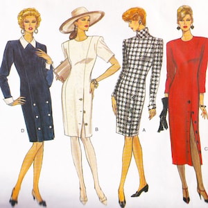 May include: Four different dress designs are shown. The dresses are all knee-length and have a button-up front. The dresses are in different colors and patterns, including black, white, red, and black and white checkered.