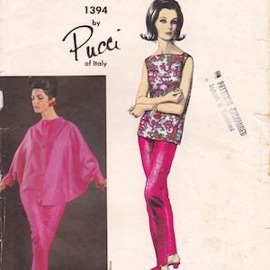 May include: Vintage fashion illustration featuring a woman in a patterned top and pink pants. The image includes the text "1394 by Pucci of Italy". The illustration showcases a retro style, with a focus on the clothing design.