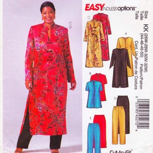 May include: A woman wearing a long red floral print coat with black pants. The image also shows a sewing pattern with various garment options, including coats, tops, and pants. The pattern is labeled "EASY endless options."