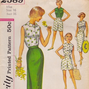 May include: Vintage sewing pattern illustration featuring a woman in a white top with green floral accents and a green skirt. Other figures model similar outfits, including shorts and a dress. The pattern details are visible.