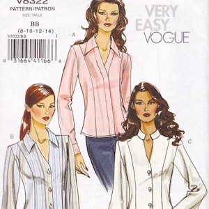 Very Easy Vogue 8322  Sewing Pattern  Blouse Shirt Top   Sizes 8 10 12 14 Unused