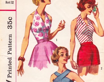 Simplicity 2086 Vintage 1950s Sewing Pattern Halter Tops Size 12 Bust 32